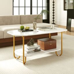 Gymax 2-Tier Faux Marble Top Console Table Home Entryway Table-White in White - thumbnail 3