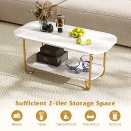 Gymax 2-Tier Faux Marble Top Console Table Home Entryway Table-White in White - thumbnail 9