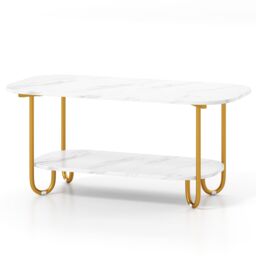 Gymax 2-Tier Faux Marble Top Console Table Home Entryway Table-White in White