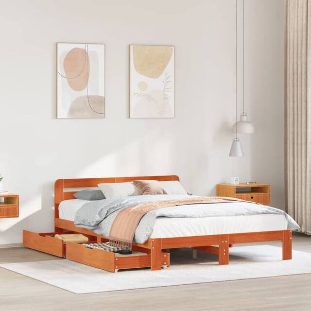 Berkfield Home Bed Frame without Mattress Wax Brown 135x190 cm Double Solid Wood Pine - image 1