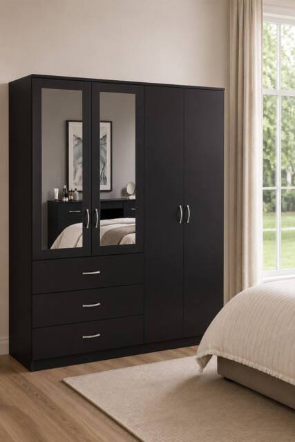 Home Discount Vida Designs Riano 4 Door 3 Drawer Mirrored Wardrobe Bedroom Furniture in Black - image 1