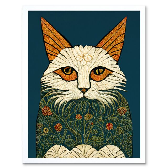 "Artery8 Wall Art Print Melancholy Moggie Cat William Morris Style Teal Gold Art Framed in White - Size: W12"" x H16""" - image 1