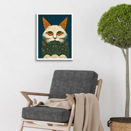 "Artery8 Wall Art Print Melancholy Moggie Cat William Morris Style Teal Gold Art Framed in White - Size: W12"" x H16""" - thumbnail 2