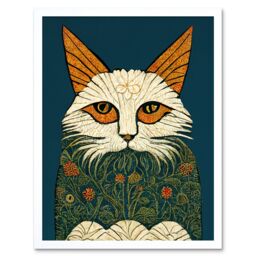 "Artery8 Wall Art Print Melancholy Moggie Cat William Morris Style Teal Gold Art Framed in White - Size: W12"" x H16""" - thumbnail 1