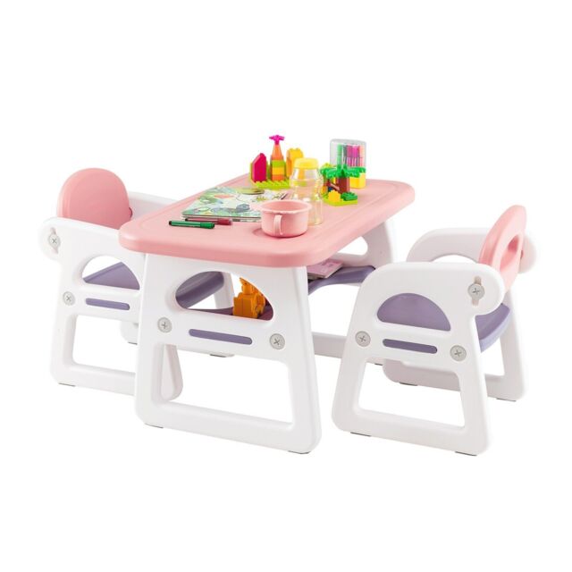 Costway 3 PCS Table & Chairs Set Toddler Activity Desk Set w/ Storage Rack in Pink - image 1