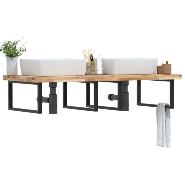 Berkfield Home Basin Shelf Wall Mounted Steel & Solid Wood Acacia in Brown - image 1
