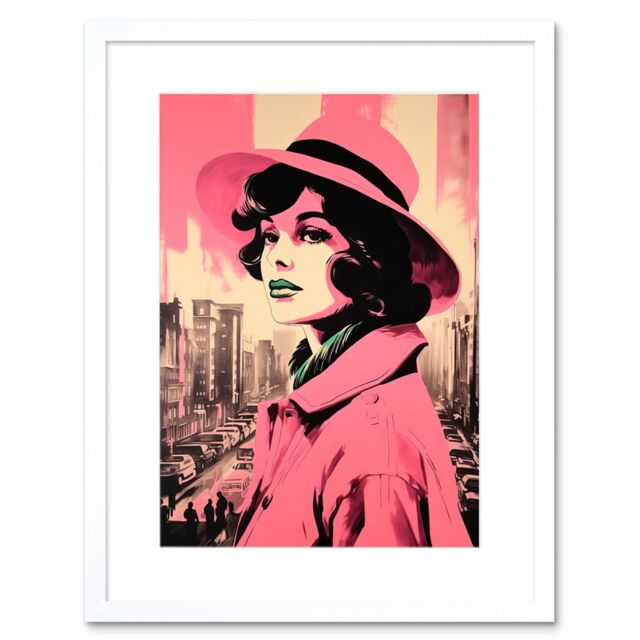 "Artery8 Wall Art Print Retro Aesthetic Vintage Fashion Pink Cityscape Artwork Framed 9X7 Inch in White - Size: W7"" x H9""" - image 1
