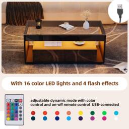Merax High Gloss LED Coffee Table with Tempered Glass Top & 2 Drawers in Black - thumbnail 6