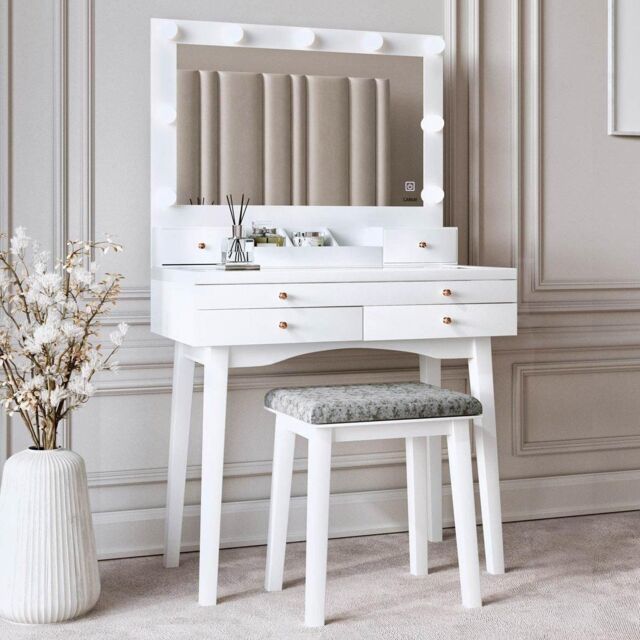 CARME HOME Taylor Dressing Table with Hollywood Mirror LED Lights Glass Tabletop Storage Stool Set in White - image 1
