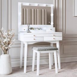 CARME HOME Taylor Dressing Table with Hollywood Mirror LED Lights Glass Tabletop Storage Stool Set in White - thumbnail 1