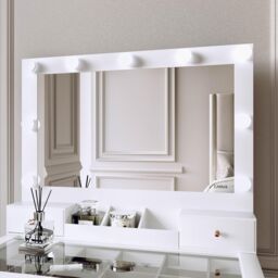 CARME HOME Taylor Dressing Table with Hollywood Mirror LED Lights Glass Tabletop Storage Stool Set in White - thumbnail 3