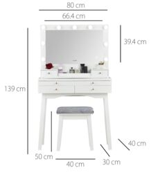 CARME HOME Taylor Dressing Table with Hollywood Mirror LED Lights Glass Tabletop Storage Stool Set in White - thumbnail 6