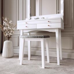 CARME HOME Taylor Dressing Table with Hollywood Mirror LED Lights Glass Tabletop Storage Stool Set in White - thumbnail 2