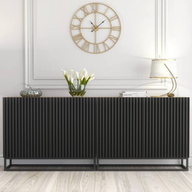 Creative Furniture Ripple Duo Sideboard 200cm - Oak & Black Fluted Doors in Dark Brown - image 1