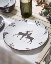 Dibor 12 Piece Grey Stag Plates & Bowls Reindeer Christmas Dinner Set 4 Person Christmas Crockery Set - Size: 12 Pack - thumbnail 4