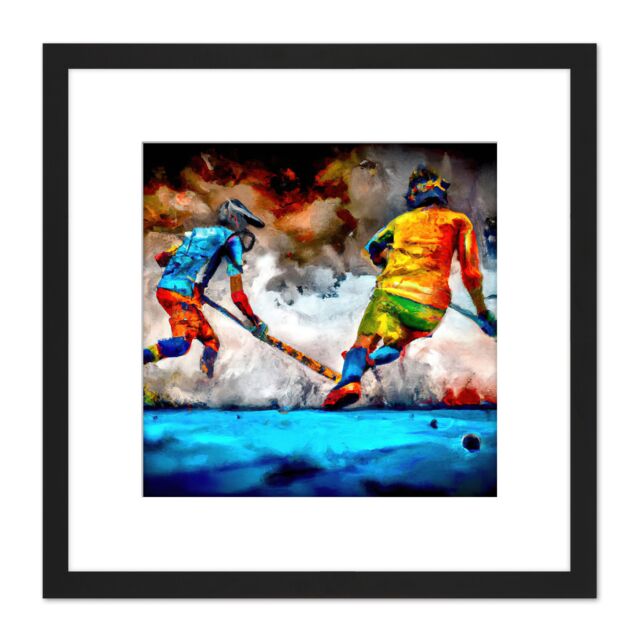 Artery8 Field Hockey Players Action Abstract Oil Painting Square Wooden Framed Wall Art Print Picture 8X8 Inch in Black - image 1