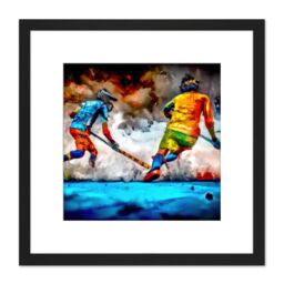 Artery8 Field Hockey Players Action Abstract Oil Painting Square Wooden Framed Wall Art Print Picture 8X8 Inch in Black - thumbnail 1