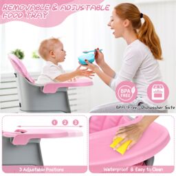 Costway 6-in-1 Baby High Chair Infant Feeding Chair Kids Stool with Removable Tray & Cushion in Pink - thumbnail 6