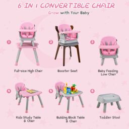 Costway 6-in-1 Baby High Chair Infant Feeding Chair Kids Stool with Removable Tray & Cushion in Pink - thumbnail 3