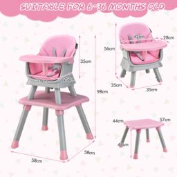 Costway 6-in-1 Baby High Chair Infant Feeding Chair Kids Stool with Removable Tray & Cushion in Pink - thumbnail 2