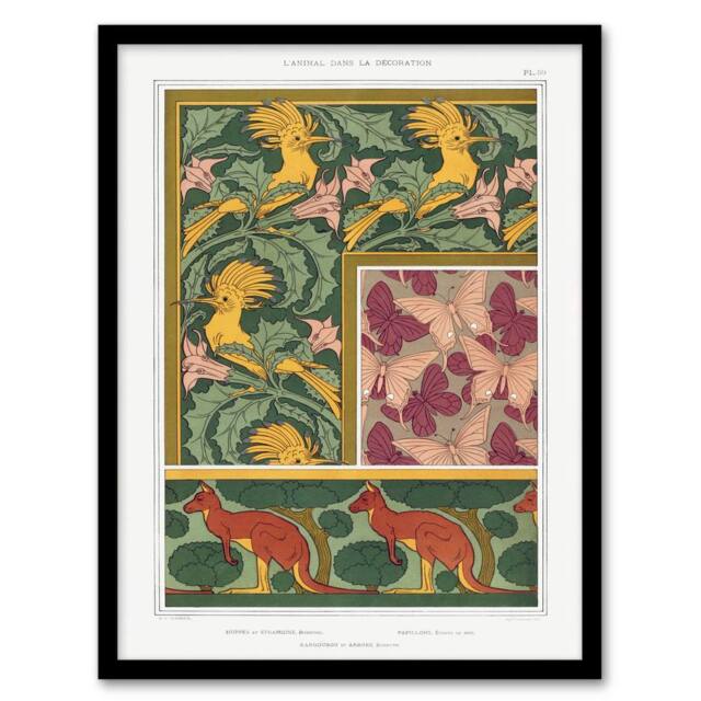 Artery8 Maurice Pillard Verneuil Framed Art Hoopoe Birds Butterflies Kangaroo Patterns in Green - Size: A4 - image 1