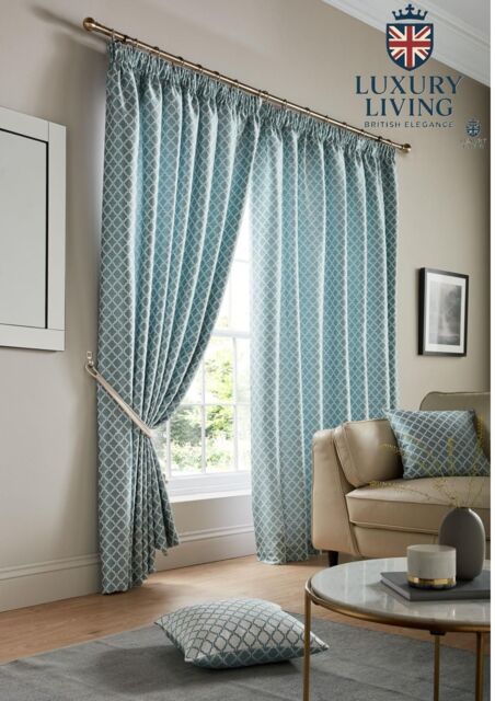 Luxury Living Modern Geometric Two-Tone Jacquard Lined Pencil Pleat Taped Curtains in Teal - Size: 168 cm width x 137 cm drop - image 1