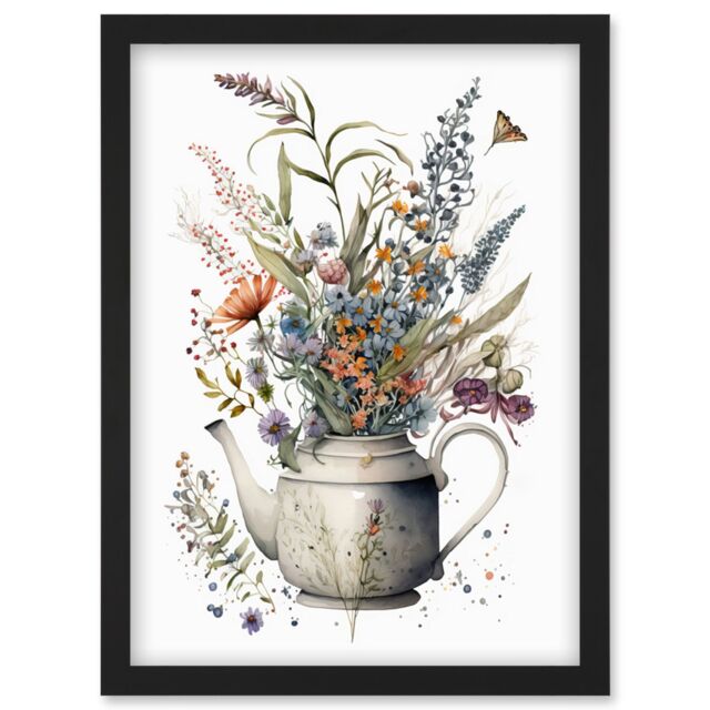 Artery8 Spring Wildflower Bouquet in White Ceramic Teapot Artwork Framed Wall Art Print A4 in Black - image 1