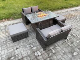 Fimous 5 Pieces Garden Furniture Sets Poly Rattan Outdoor Patio Gas Firepit Dining Table Sofa Set with 2 Big Footstool in Dark Grey - thumbnail 2
