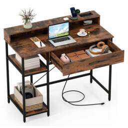 Costway Wooden Computer Desk Home Office PC Workstation Study Desk w/ Shelf in Brown - thumbnail 3