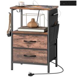 HOMCOM Slim Side Table with Charging Station, Bedside Table, Rustic Brown - thumbnail 2