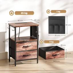 HOMCOM Slim Side Table with Charging Station, Bedside Table, Rustic Brown - thumbnail 3