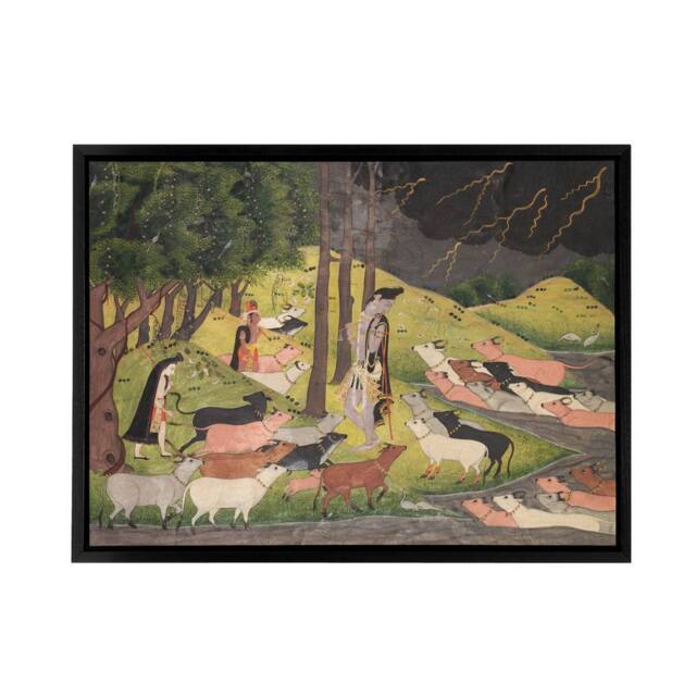 "Artery8 Krishna Summoning Cows 18th Century India Framed Canvas Wall Art Print - Size: W12"" x H16""" - image 1