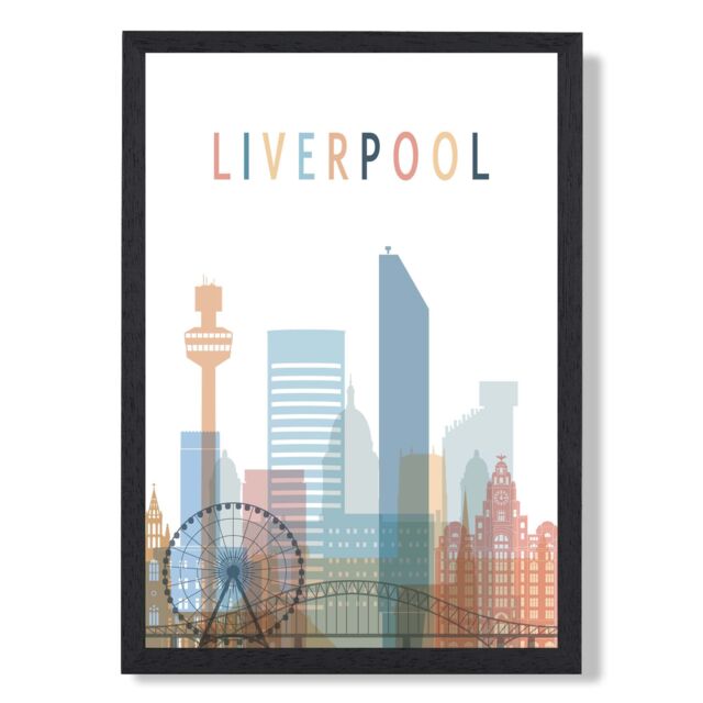 ARTZE Liverpool Colourful City Skyline Framed Print SIZE: A3 with Black Frame in Pale Blue - Size: A4 - image 1
