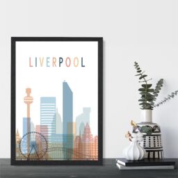ARTZE Liverpool Colourful City Skyline Framed Print SIZE: A3 with Black Frame in Pale Blue - Size: A4 - thumbnail 2
