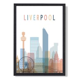 ARTZE Liverpool Colourful City Skyline Framed Print SIZE: A3 with Black Frame in Pale Blue - Size: A4 - thumbnail 1