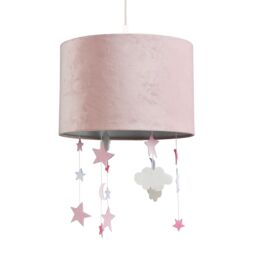 Happy Homewares Soft Velvet Pendant Lamp Shade with Hanging Felt Stars & Clouds in Pink - Size: 12 inches - thumbnail 2