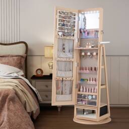 Costway 4 iN 1 Swivel Jewelry Cabinet Lockable Jewelry Armoire in Natural