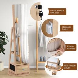 Costway 4 iN 1 Swivel Jewelry Cabinet Lockable Jewelry Armoire in Natural - thumbnail 5