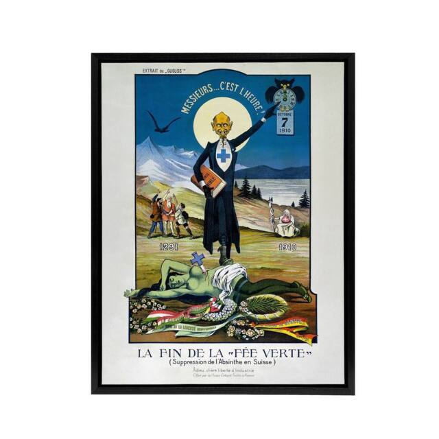 "Artery8 Swiss Vintage Anti Absinthe Advert Framed Canvas Wall Art Print in Blue - Size: W12"" x H16""" - image 1