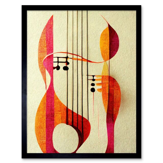"Artery8 Wall Art Print Abstract Autumnal Boho Musical Music Symbol Clef in Cream Pink Copper Yellow Art Framed in Black - Size: W12"" x H16""" - image 1