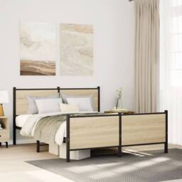 Berkfield Home Metal Bed Frame without Mattress Sonoma Oak 140x190 cm in Natural - thumbnail 1