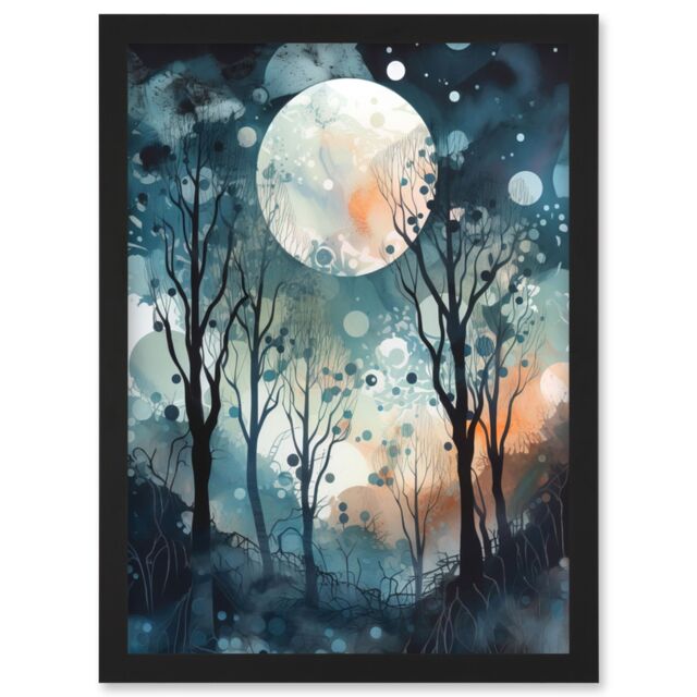 Artery8 Full Moon Winter Forest Landscape Snowfall over Trees at Night Artwork Framed Wall Art Print A4 in Black - image 1