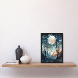 Artery8 Full Moon Winter Forest Landscape Snowfall over Trees at Night Artwork Framed Wall Art Print A4 in Black - thumbnail 2
