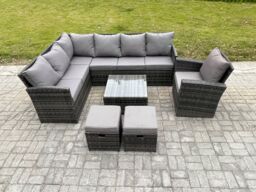 Fimous 9 Seater Outdoor Garden Furniture Set Wicker PE Rattan Corner Sofa Set with Square Coffee Table 2 Small Footstools Armchair in Dark Grey - thumbnail 2
