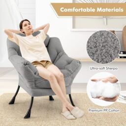 Gymax Large Lazy Chair Sherpa Upholstered Accent Chair With Head Pillow in Grey - thumbnail 6