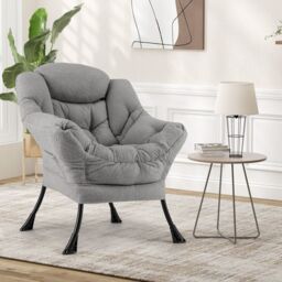 Gymax Large Lazy Chair Sherpa Upholstered Accent Chair With Head Pillow in Grey - thumbnail 3