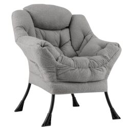 Gymax Large Lazy Chair Sherpa Upholstered Accent Chair With Head Pillow in Grey - thumbnail 1