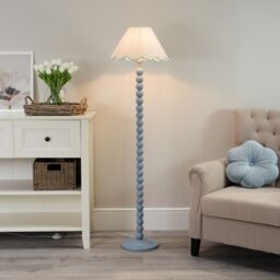 ValueLights Bobbins Powder Blue Floor Lamp with Tapered Linen Scallop Shade & LED Bulb in Pale Green