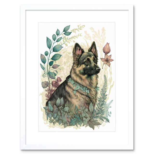 "Artery8 Wall Art Print German Shepherd Dog with a Leaf Collar Spring Field Boho Pastel Watercolour Artwork Framed 9X7 Inch in White - Size: W7"" x H9""" - image 1