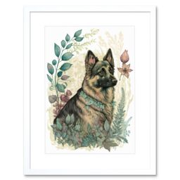 "Artery8 Wall Art Print German Shepherd Dog with a Leaf Collar Spring Field Boho Pastel Watercolour Artwork Framed 9X7 Inch in White - Size: W7"" x H9""" - thumbnail 1